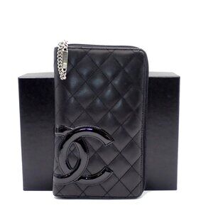 CHANEL CC Logo Cambon Long Bifold Wallet Leather Black Pink Italy 16RF462